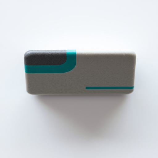 Create a high-resolution image of a rectangular eraser with a teal and gray design, front view, with soft lighting, using a DSLR camera at f/2.8 aperture, ISO 100, and a 50mm lens for sharp detail and depth of field.