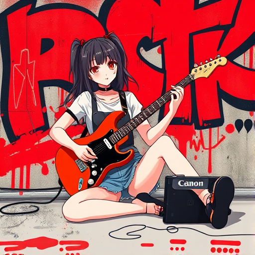 Create a digital illustration of a female character sitting on the floor, playing an electric guitar, with a red and black graffiti-style background, using a Canon EOS R5 with an aperture of f/2.8, 35mm lens, 1/60 shutter speed, and vibrant colors for enhanced detail and contrast.