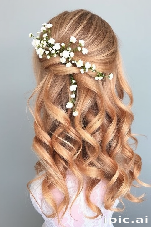 Soft rose gold waves styled in a romantic half-up, half-down look by "Blush & Bloom" hair artisans, showcasing loose, flowing curls adorned with delicate baby's breath flowers woven throughout, creating an ethereal, fairy-tale inspired aesthetic perfect for a whimsical bride.