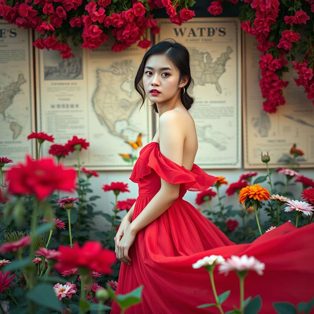 female portrait in a flowing red dress surrounded by vibrant flowers and vintage diagrams in the background, soft natural lighting, shallow depth of field, 50mm lens, f/1.8 aperture, ISO 100, shot from a slightly low angle to highlight the subject and details in the dress.