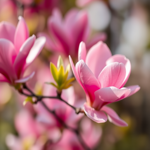 close-up of pink magnolia flowers in soft focus, shallow depth of field, 50mm f/1.8 lens, ISO 200, aperture f/2.8, natural light, DSLR camera, bokeh background, high resolution