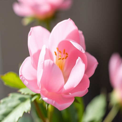 Generate a high-resolution watercolor illustration of a delicate pink flower with soft petals and green leaves, using a Canon EOS 5D Mark IV, 50mm f/1.8 lens, aperture set to f/2.8, natural light, and a shallow depth of field for a dreamy effect.