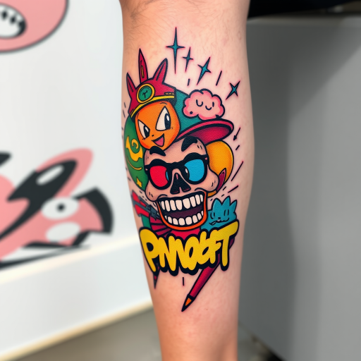 Colorful new school body tattoo featuring cartoon-inspired characters and bold graffiti elements on the calf, incorporating vibrant primary colors and thick outlines