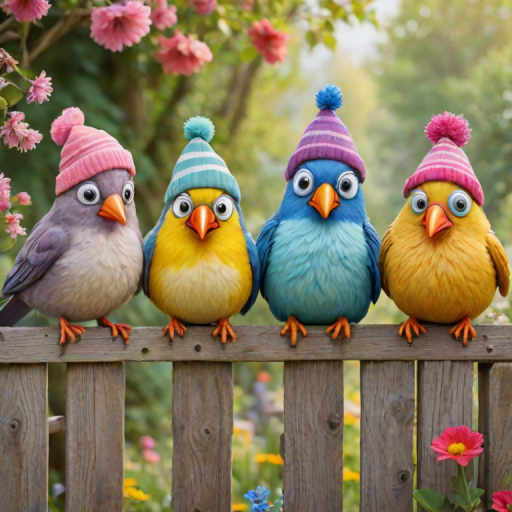 create a scene of 4 quirky  whimsical colourful comical birds each with a funny expression. they are sat on a wooden fence with colourful flowers. they are all different sizes. each one is a different colour  one is wearing a woolly hat. Each one has a different quirky google expression and there is a muted background of trees watercolour paintierly style high definition 8k resolution 3D paper mache