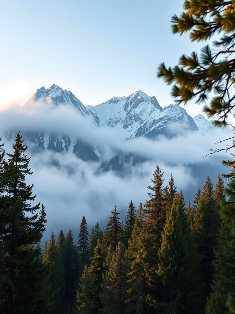 A misty mountain landscape with snow-capped peaks surrounded by evergreen trees in a forest, captured with a Canon EOS R5, 24-70mm lens, f/8 aperture, ISO 100, 1/250 sec exposure, low angle view, early morning light for enhanced clarity and mood.