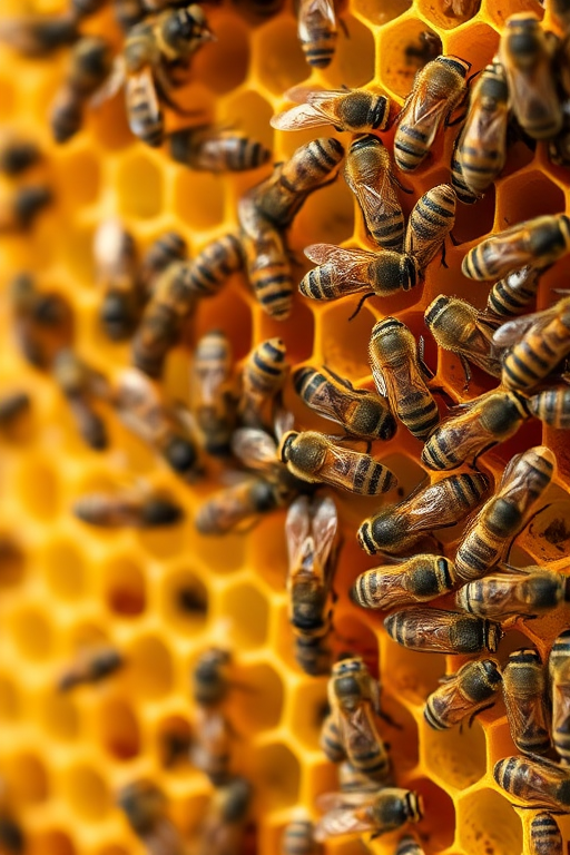 Close-up shot of a honeycomb filled with bees, using a Canon EOS 5D Mark IV with a 100mm macro lens, aperture set to f/2.8, ISO 200, natural lighting for enhanced detail and texture.