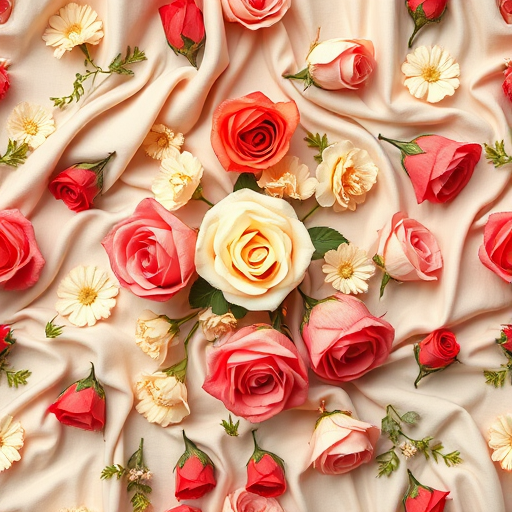Create a high-resolution repeating pattern of roses and cream-colored flowers on draped fabric, shot with a DSLR camera at f/8, ISO 100, shutter speed 1/125s, using a top-down view and a soft focus lens to enhance details and textures in vibrant colors.