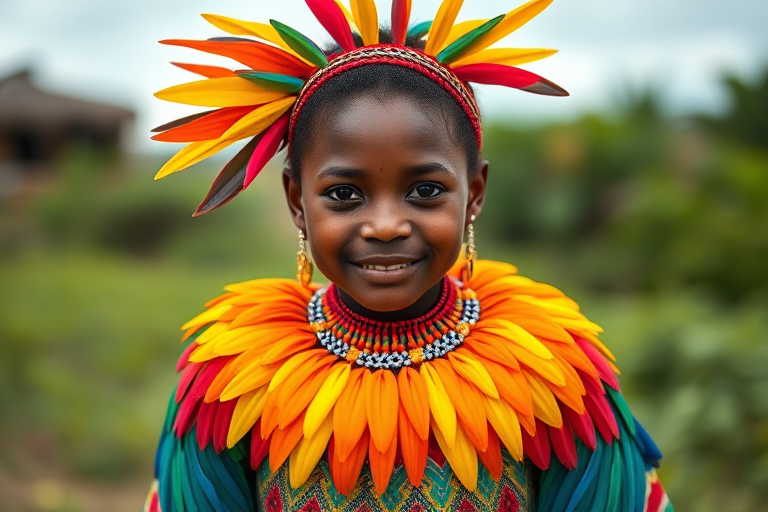 A beautiful Garifuna girl, wearing colorful bird clothing with vibrant colors