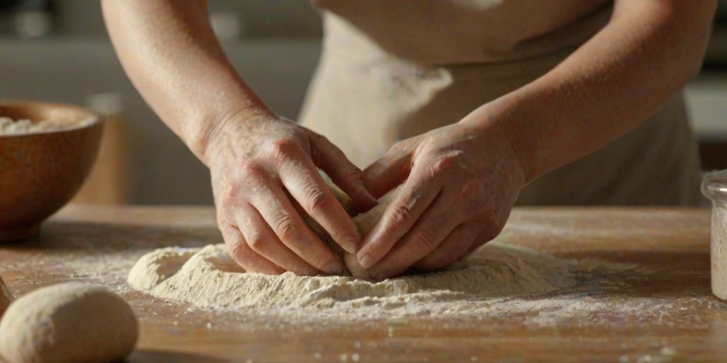 Close-up of a woman’s hands kneading dough for homemade bread, flour dusting the countertop, with warm light illuminating her focused expression and the ingredients around her.