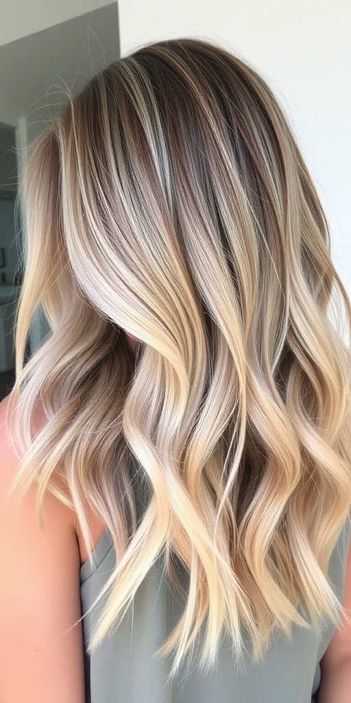 Chic ash blonde rocking a tousled lob with sun-kissed balayage, perfect for a beachy, carefree vibe and effortless elegance