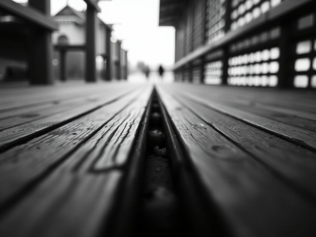 captured with a DSLR camera, 35mm lens, f/8 aperture, ISO 100, 1/250 sec shutter speed, low angle view, focus on wooden slats, monochrome style, high dynamic range to enhance contrast and texture in the image