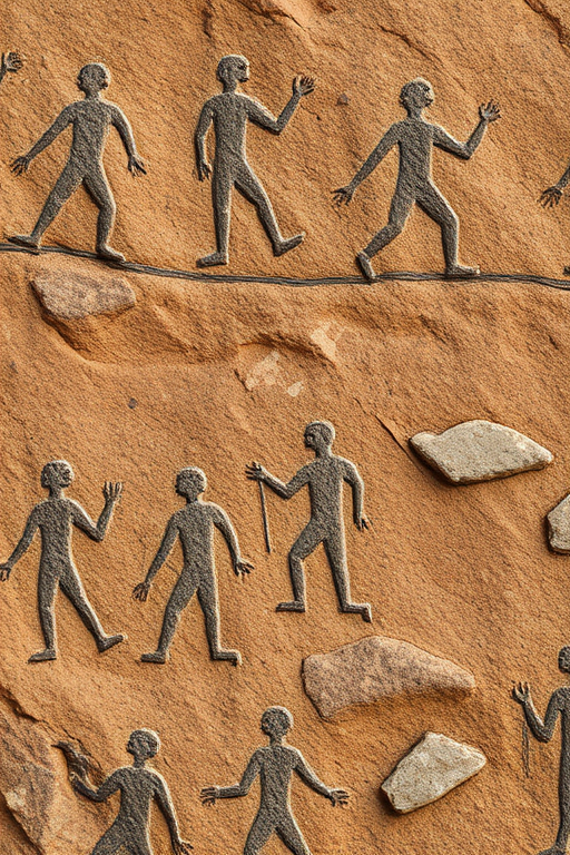 regenerate the image of ancient rock art depicting human figures in motion on a textured stone background, use a DSLR camera with an aperture of f/8, shutter speed of 1/60s, ISO 200, shot from a low angle to capture the details of the texture, use a natural lighting style to enhance the contrast between the figures and the rock surface