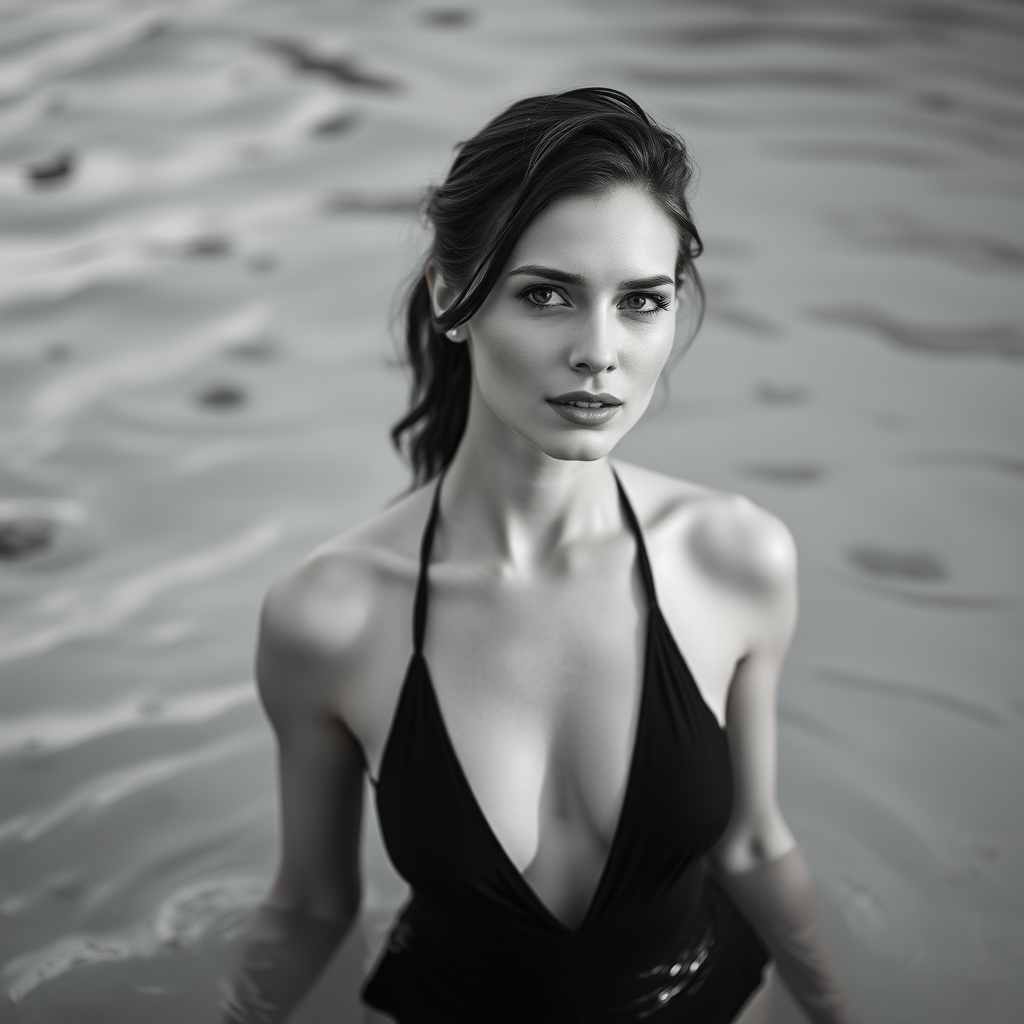 portrait of a woman in a black suit standing in shallow water with a serene expression, natural light, f/2.8, 1/200s, ISO 100, taken with a DSLR camera from a low angle, focus on the subject with a soft blurred background, black and white style