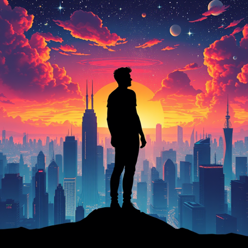 create a vibrant digital illustration of a silhouette standing in a futuristic cityscape at sunset with dynamic clouds and stars, with a focal length of 50mm, aperture set to f/2.8, ISO 200, shot in a wide-angle view using a mirrorless camera to enhance image quality.