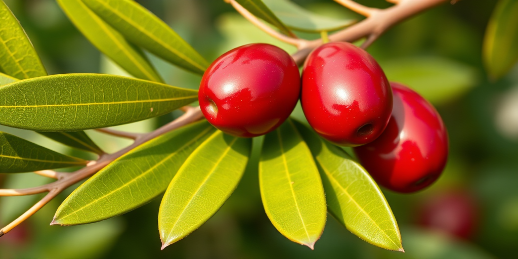 Create a high-resolution vector image of a branch with three glossy red olives and vibrant green leaves, using a DSLR camera with a macro lens, aperture set to f/2.8, ISO 100, shot from a 45-degree angle to enhance depth and detail, emphasizing natural lighting for accurate colors and shadows.