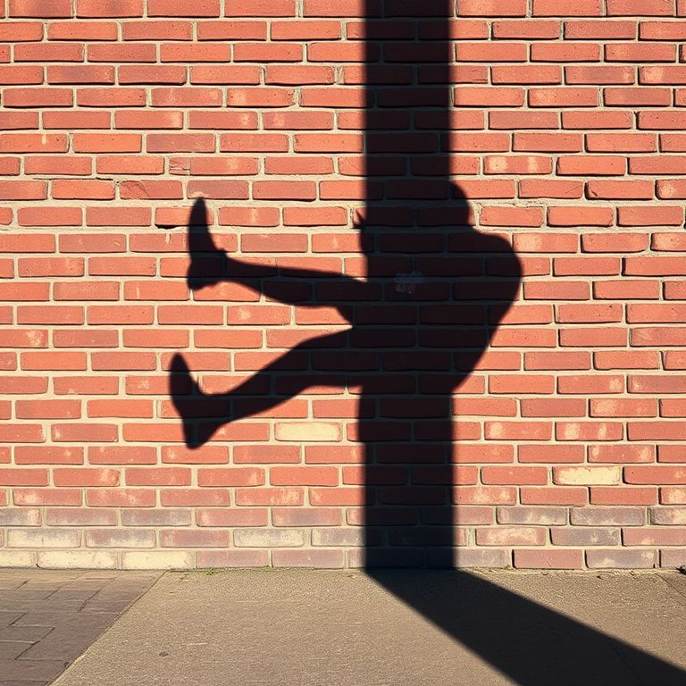 Create an image of a dynamic shadow of a person kicking against a textured red brick wall, using a DSLR camera with a 50mm lens, aperture f/2.8, ISO 100, and a low-angle view to enhance depth and detail.