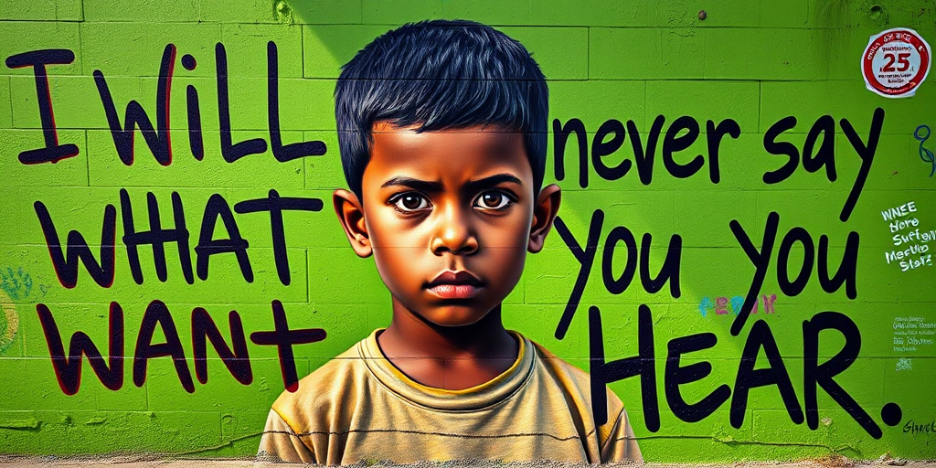 Create a high-resolution image of a mural featuring a young boy with a serious expression, standing against a vibrant green background with graffiti text that reads "I will never say what you want to hear," captured with a Canon EOS R5, 50mm lens, f/1.8 aperture, 1/250s shutter speed, in natural daylight for enhanced color saturation and clarity.