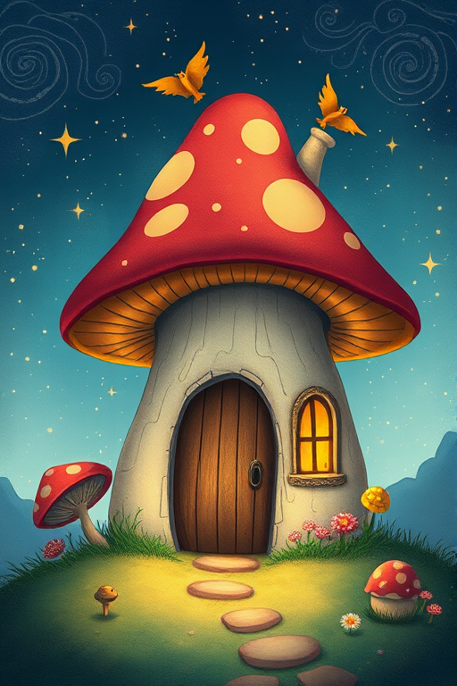 create illustration of a mushroom house with a door and a window, a storybook , fantasy art, mushroom house, bg starry sky, sparkles