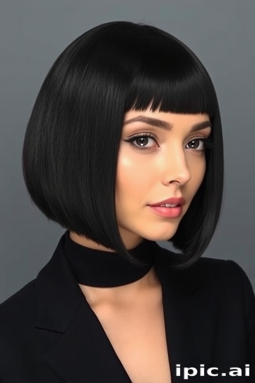 Chic blunt bob in glossy raven black, styled pin-straight with a precise middle part, exuding minimalist elegance and sleek sophistication