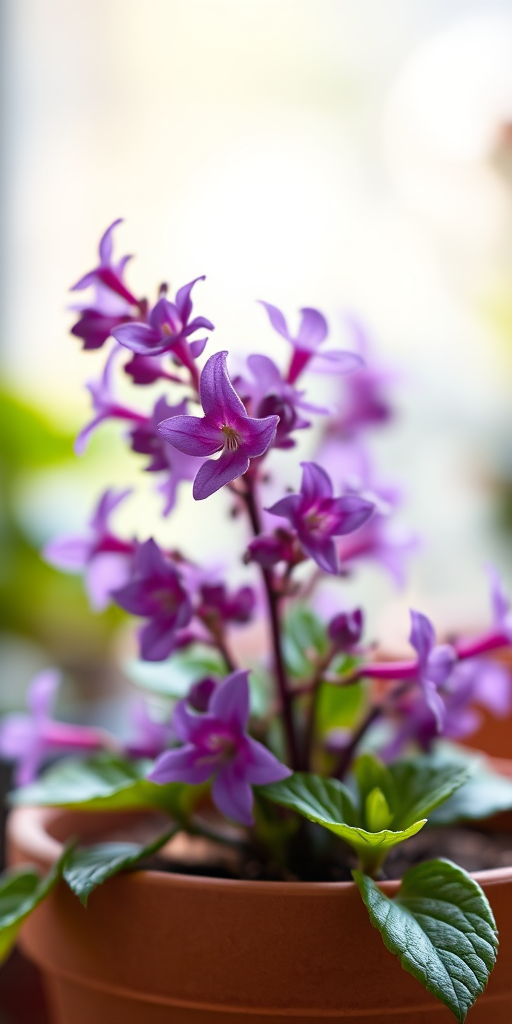 close-up of a vibrant purple flowering plant in a clay pot, natural light, shallow depth of field, ISO 100, f/2.8, 50mm lens, DSLR camera, soft focus background