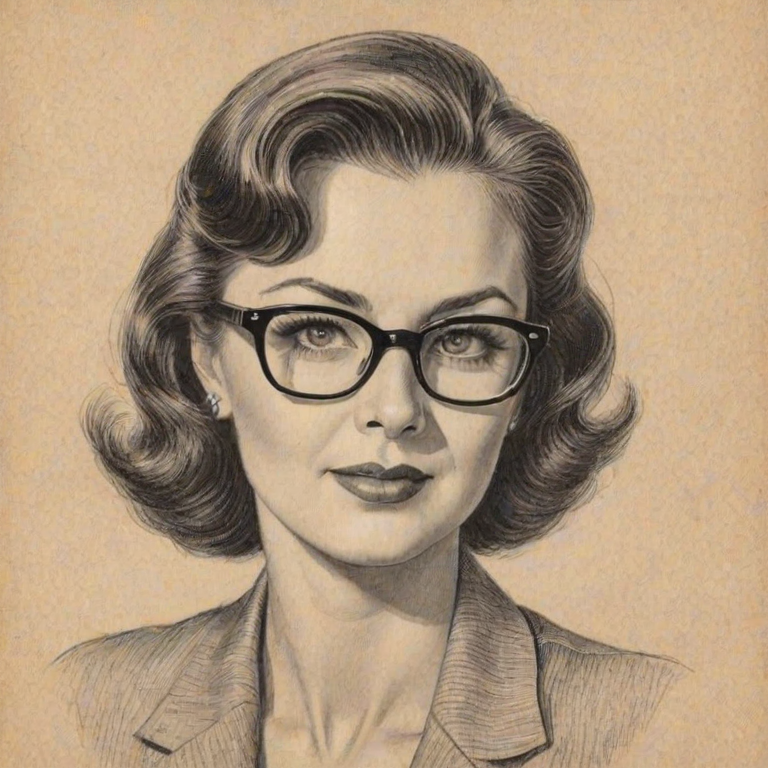 Radiant Elvira Lind, pencil sketch, portrait of Captivating woman 1941s in glasses, hair style beatnik, outline, clear lines, fine lines, 8k