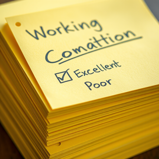 create a detailed close-up image of a stack of yellow notepads with the text "Working Condition" at the top, an illustrated check mark next to "Excellent" and "Poor" options below, using a Canon EOS 5D Mark IV, aperture f/2.8, ISO 100, 50mm lens, natural light for enhanced clarity and shadow detail