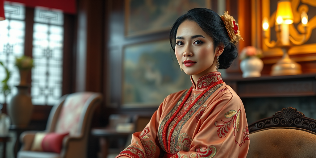 A beautiful Lao woman in traditional East Asian attire, intricately detailed with embroidered patterns, sitting gracefully in a richly decorated room, soft ambient lighting, serene and elegant, ultra-realistic, 8K resolution