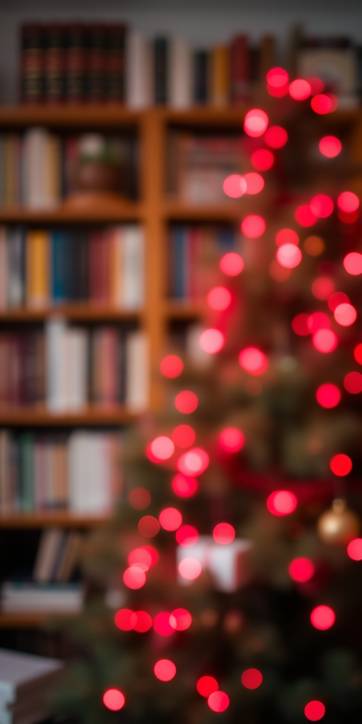 Create an image of a softly blurred Christmas tree in the foreground with vibrant red and pink lights. In the background, include a bookshelf filled with books, and ensure the setting has a warm, festive atmosphere. The focus should be on the bokeh effect of the lights while maintaining a hint of the surrounding environment.