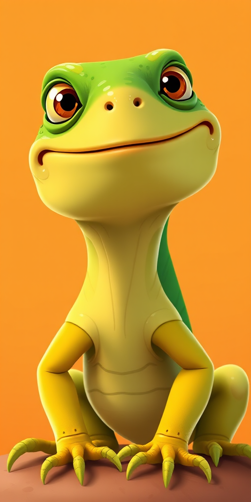 Create a colorful cartoon-style illustration of a smiling iguana, with vibrant green and yellow hues, set against a soft orange background, shot with a Canon EOS 5D Mark IV, 50mm lens at f/2.8, using a slightly low angle view to emphasize the character's playful expression while ensuring high detail and vibrant colors.