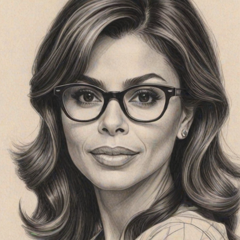 Resplendent Paula Abdul, pencil sketch, portrait of Splendid woman 1956s in glasses, hair style beatnik, outline, clear lines, fine lines, 8k