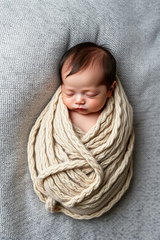 newborn baby swaddled in a soft knitted blanket, sleeping peacefully on a textured gray background, soft natural lighting, 50mm lens, aperture f/1.8, ISO 200, shallow depth of field, high resolution, taken with a DSLR camera