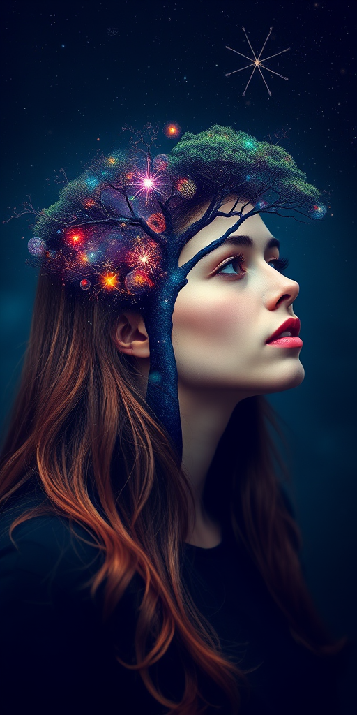 Create a cosmic-themed portrait of a woman with a tree growing from her hair, resembling the universe, using a DSLR camera with a 50mm lens, f/1.8 aperture, 1/125s shutter speed, ISO 100, in a soft focus style.