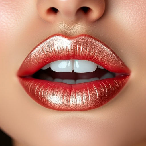 Shimmering rose gold lips dazzle in the "Metallic Muse" style, featuring a lustrous finish that catches the light with every movement, combining the warmth of pink and the luxury of gold to create a unique and eye-catching lip color that complements a wide range of skin tones and adds a touch of futuristic charm to any makeup look