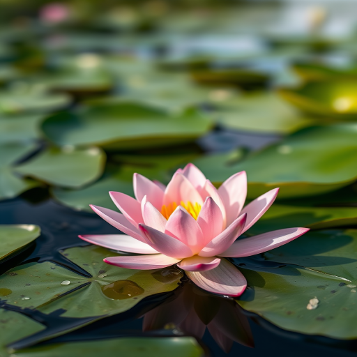 Close-up of a pink water lily surrounded by green lily pads on calm water, shallow depth of field, aperture f/2.8, ISO 100, focal length 85mm, DSLR camera, natural lighting, soft focus background.