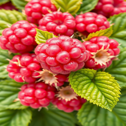 Create a vibrant illustration of a cluster of pink raspberries with green leaves, using a high-quality digital camera with a macro lens at f/2.8 aperture, 1/200s shutter speed, ISO 100, shot in natural light from a top-down view to enhance the colors and details of the fruit.