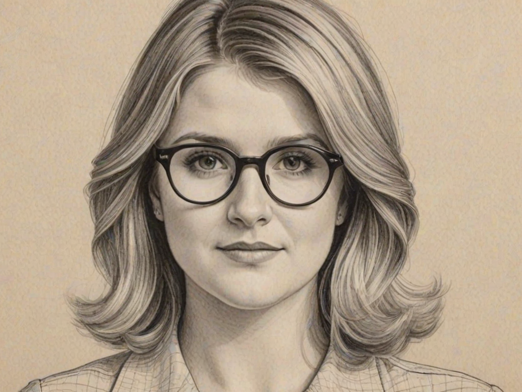 Appealing Jillian Bell, pencil sketch, portrait of Comely woman 1972s in glasses, hair style beatnik, outline, clear lines, fine lines, 8k
