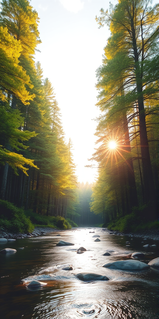 Create an image of a serene, sunlit forest scene with a clear, gently flowing river. Tall trees with lush green foliage line both sides of the river, their leaves bathed in the warm golden light of the setting or rising sun. The sunlight filters through the trees, casting soft, dappled light on the river, which flows over smooth rocks and pebbles, creating a peaceful, natural atmosphere. The sky is bright with a few scattered clouds, and the overall mood is tranquil, evoking a deep sense of connection with nature. The image captures the beauty of a calm, pristine forest landscape at either dawn or dusk.