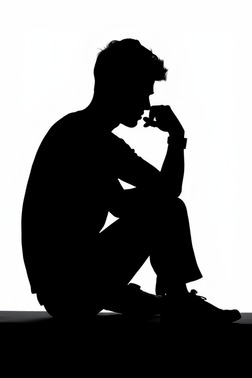 Create a silhouette of a person sitting in a thoughtful pose, against a plain white background, using a Canon EOS R5 camera, with a 50mm f/1.2 lens, aperture set to f/2.8, ISO 100, and shot from a low angle to enhance the silhouette effect.