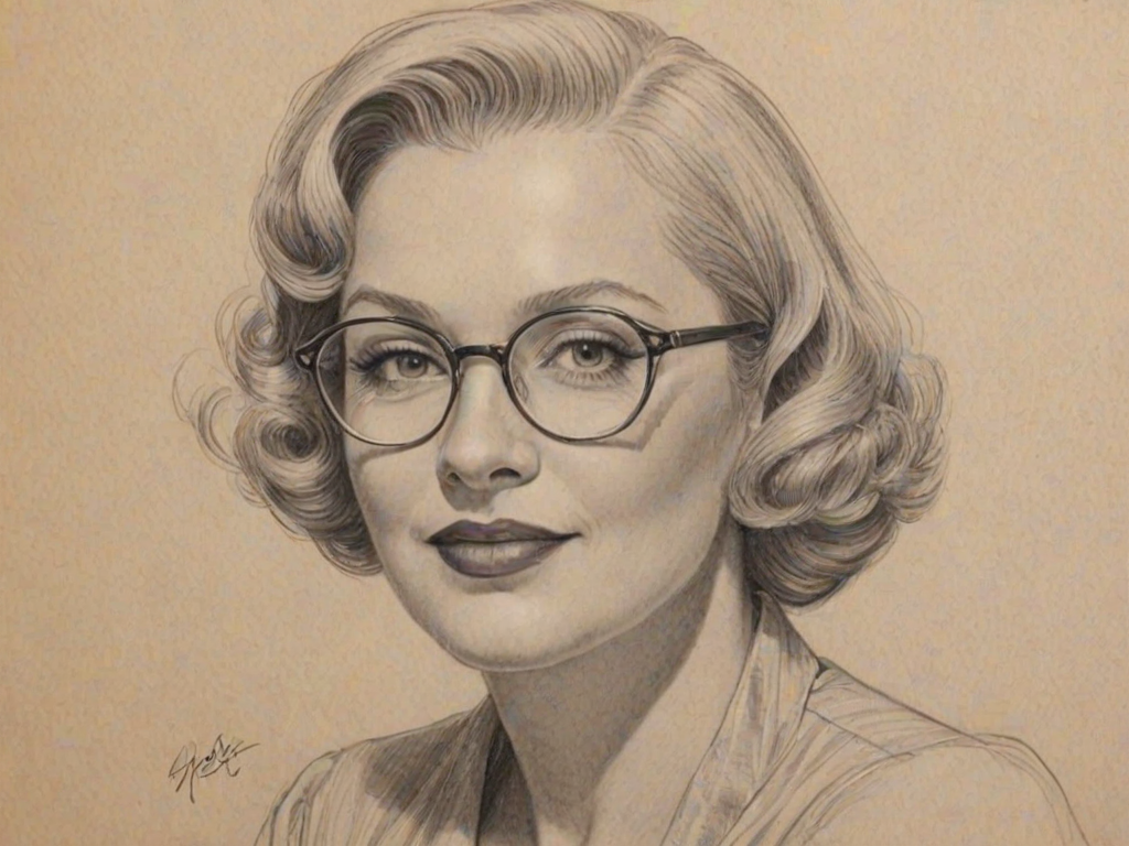 Magnificent Renee Taylor, pencil sketch, portrait of Charming woman 1933s in glasses, hair style beatnik, outline, clear lines, fine lines, 8k