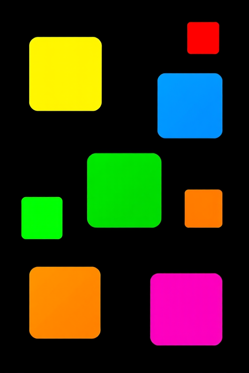 Create a seamless, vibrant color gradient featuring seven square shapes in yellow, red, green, blue, orange, and magenta on a black background, shot with a Canon EOS 5D Mark IV, 50mm lens, f/2.8 aperture, ISO 100, 1/200 sec exposure time, using a macro view for enhanced detail and clarity.