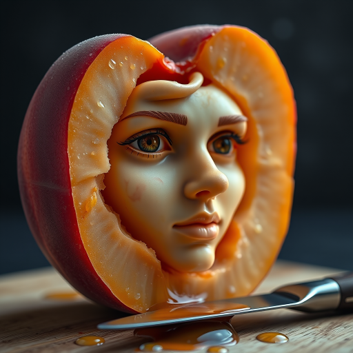 A hyperdetailed photorealistic macro color saturated high resolution image of a peach cut in half, with the peach pit being a highly detailed sculpted woman's face with her eyes open and peach-colored irises. The face has a marble texture. The image includes condensation, moisture, and peach juice. The peach is on a wooden cutting board with a small fruit knife nearby, also covered with juice.