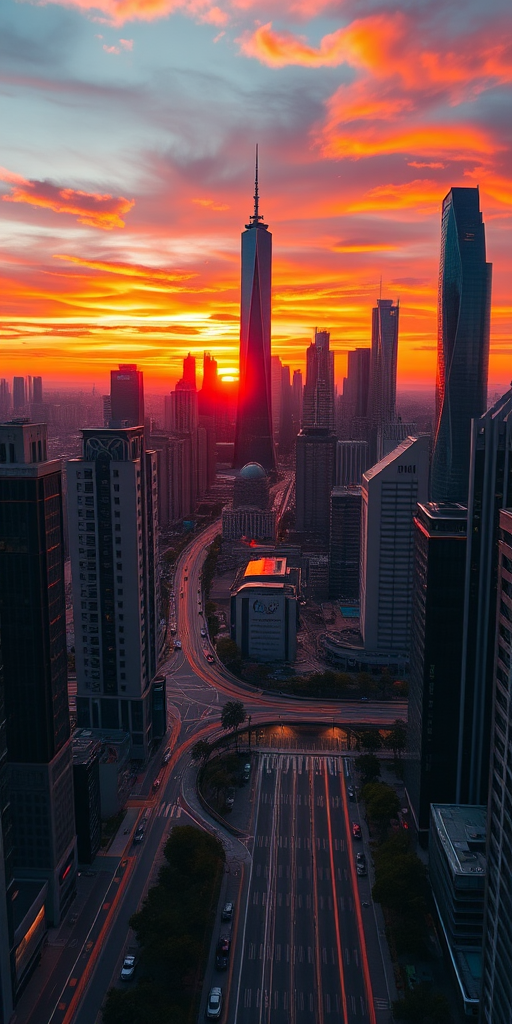 Capture a high-resolution image of a futuristic cityscape at sunset with vibrant colors using a DSLR camera, ISO 100, aperture f/8, shutter speed 1/200s, 50mm lens, wide-angle view, and vibrant color saturation.