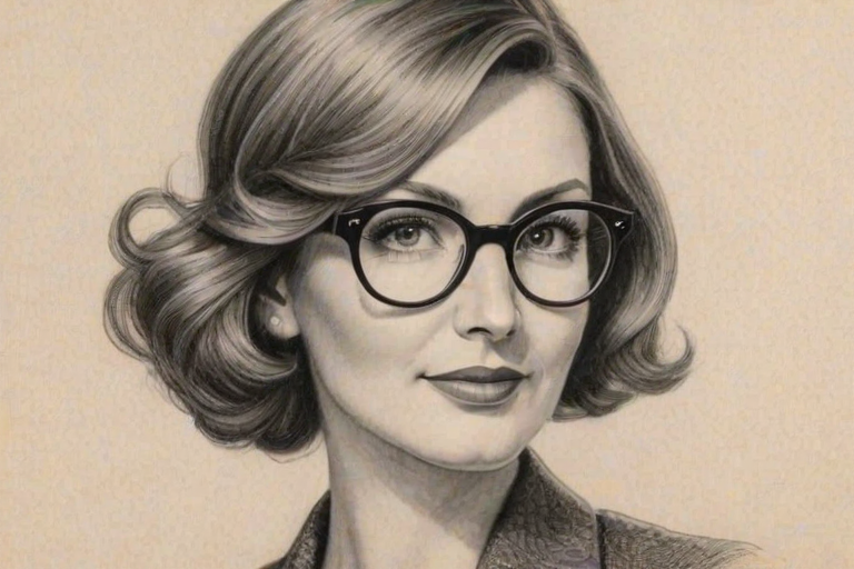 Lovely Heather McDonald, pencil sketch, portrait of Lovely woman 1928s in glasses, hair style beatnik, outline, clear lines, fine lines, 8k