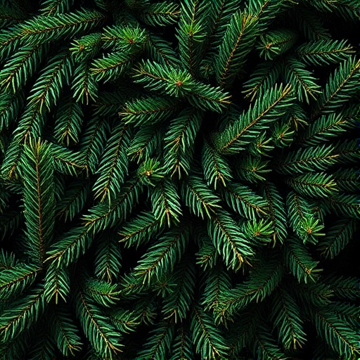 Create an image of a dense arrangement of evergreen pine branches, showcasing rich green needles with subtle hints of brown. The composition should be tightly packed, giving a natural, textured appearance that conveys a sense of depth and fullness. Use a dark background to enhance the vibrant colors of the pine foliage.