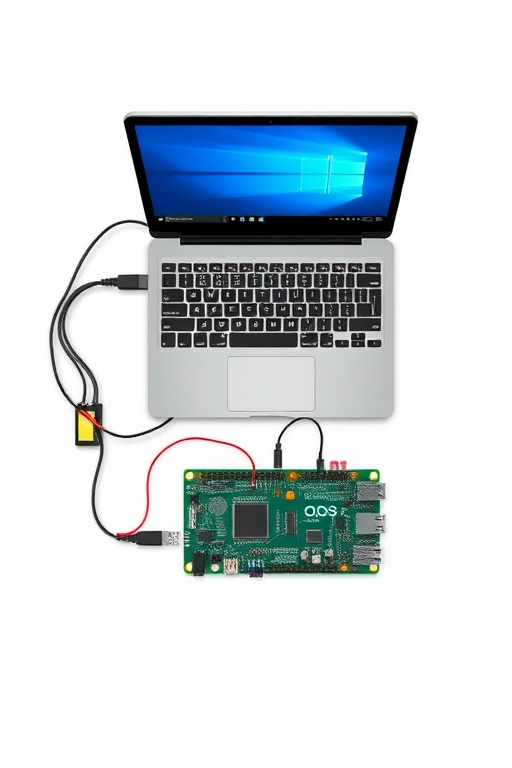 Create a high-resolution illustration of a laptop connected to a circuit board with a microcontroller and sensors, using a top-down view with a clean white background, set at f/8 aperture, ISO 100, with a virtual camera style resembling Adobe Illustrator.