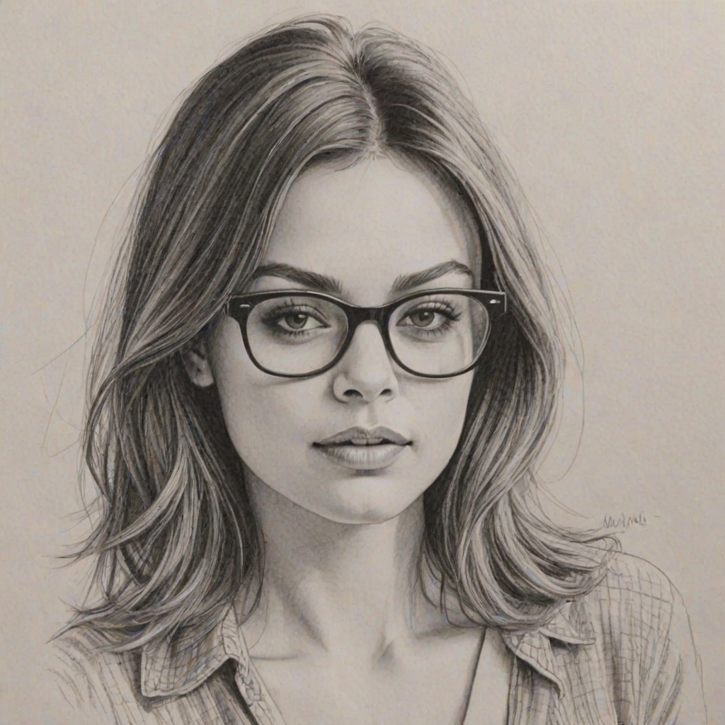 Delightful Mila Kunis, pencil sketch, portrait of Attractive woman 1962s in glasses, hair style beatnik, outline, clear lines, fine lines, 8k