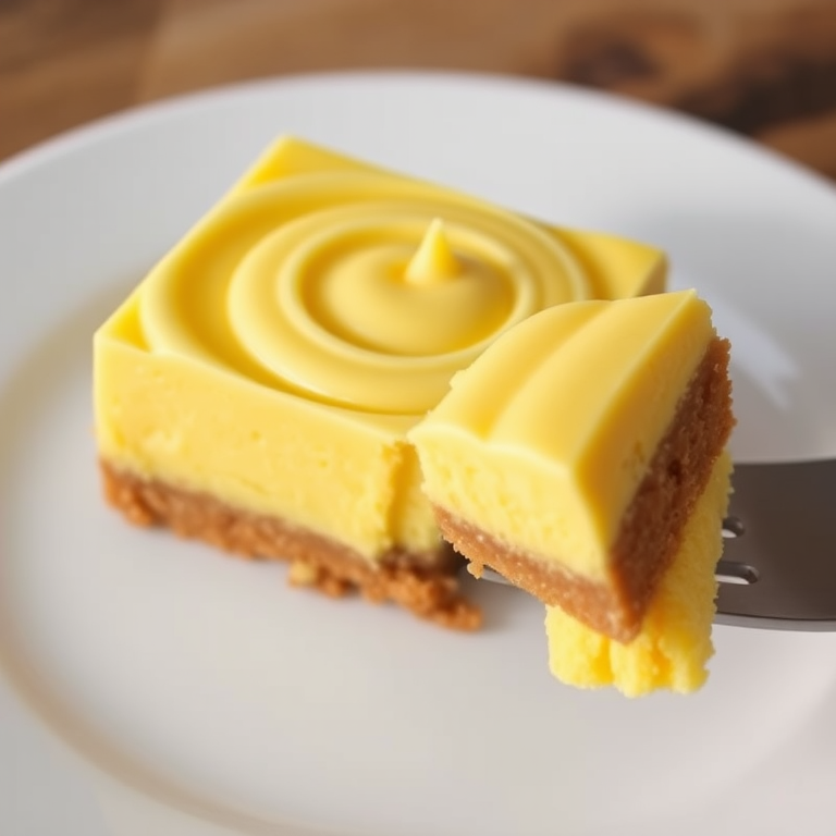 A close-up view of a delicious yellow dessert with a creamy swirled top on a graham cracker crust placed on a white plate, with one square piece on a fork ready to be served.