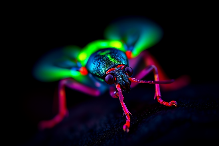 macro shot of an insect in vibrant neon colors with a black background, using a DSLR camera set to f/2.8, ISO 100, 1/250 sec, with a shallow depth of field and backlighting for enhanced glow effects