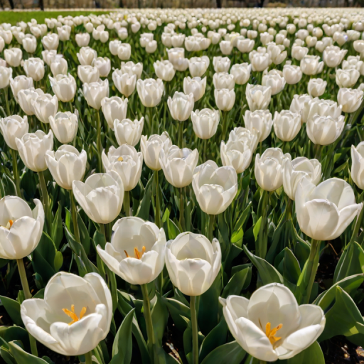 a field full of white tulips blooming in bright sunlight with green leaves surrounding them