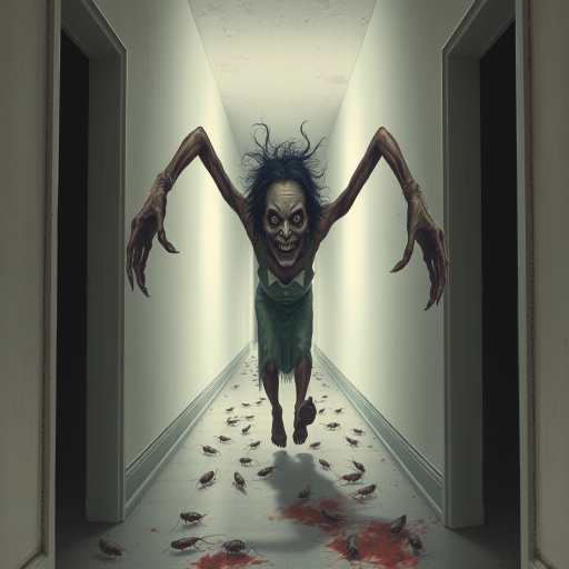 a crooked female with long arms and a creepy smile is crawling along a long white corridor and you can also see cockroaches in it there is a creepy atmosphere creepy art style